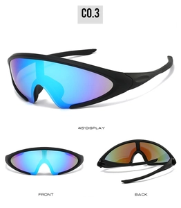 Three-view layout of retro matte black sports sunglasses with blue gradient mirrored lenses