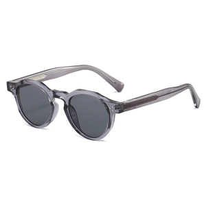 Classic retro round sunglasses with transparent purple frame and dark grey polarized lenses