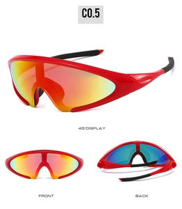 Three-angle view of red sports sunglasses with gradient color mirrored lenses and anti-slip tips