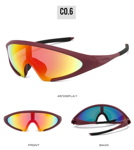 Three-way view of red-yellow gradient cycling sunglasses with windproof shield design