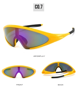 Three-way view of yellow cycling sunglasses with purple lenses and non-slip rubber arms