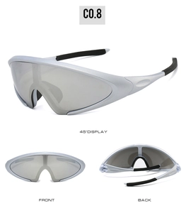 Three-angle view of silver wrap-around cycling sunglasses with smoke grey lenses