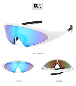 Three views of sports sunglasses with white frame and blue-purple mirrored lens detail