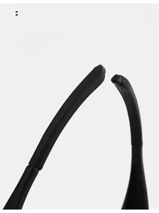 Macro view of curved matte black sunglass legs designed for ergonomic ear comfort