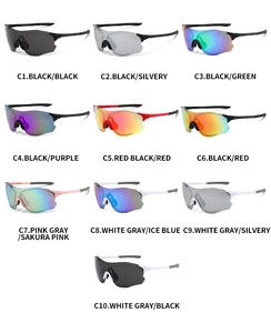 Grid layout showing ten color variants of streamlined cycling sports sunglasses with various lenses