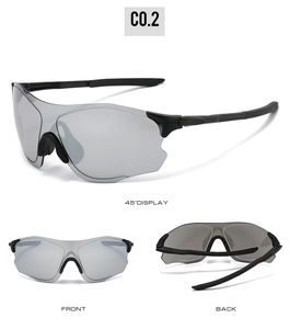 Three-view display of outdoor sports sunglasses with silver mirror lenses and black frame