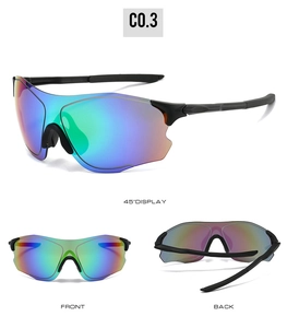 Three-view display of outdoor cycling sunglasses with rainbow lenses and black frame