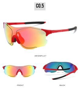Detailed views of red cycling sunglasses with rainbow lenses and aerodynamic half-frame design