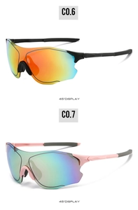 45-degree view of cycling sunglasses with orange-red and colorful rainbow mirrored lenses