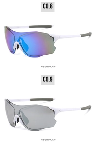 45-degree view of white frame sports cycling sunglasses with blue and gray lenses