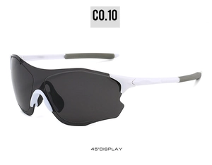 Detailed 45-degree view of white sport sunglasses with wide grey aerodynamic lenses