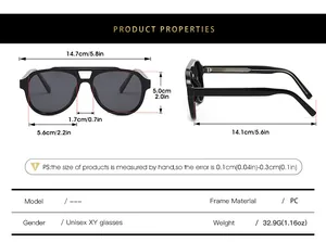 Size chart for unisex aviator sunglasses showing 14.7cm width and PC frame properties