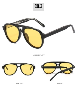 Three-angle views of pilot sunglasses featuring black frames and vibrant yellow lenses