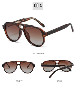 Polarized aviator sunglasses with tortoise frame shown in front, back, and 45-degree views