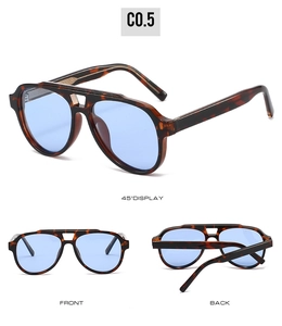 Detailed views of tortoise shell aviator sunglasses with blue lenses and double bridge