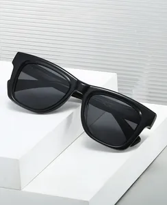 Detail of square polarized sunglasses with spring hinges on white minimalist props