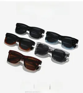 Detailed flat lay of square polarized sunglasses in multiple colors with spring hinges