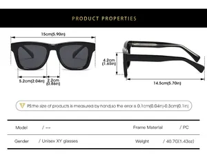 Size guide for square polarized sunglasses with detailed frame dimensions and PC material info