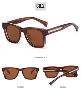Square polarized sunglasses in amber brown finish with metal hinge detail and dark lenses