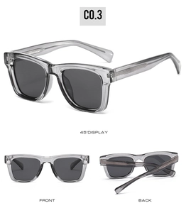Three views of square polarized sunglasses showing the 45-degree, front, and back foldable angles