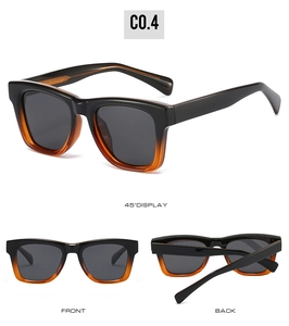 Detail views of polarized square sunglasses with gradient black and amber frame frames