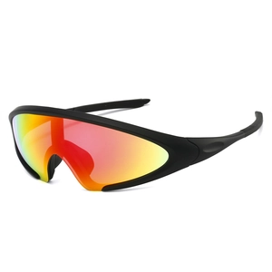Outdoor sports sunglasses with matte black frame and gradient orange-red shield lens