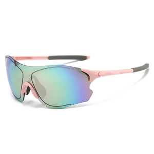Pink semi-rimless cycling sunglasses with colorful mirrored lens and windproof frame