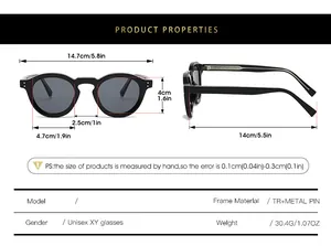 Size guide for round vintage sunglasses showing width, height, and metal pin frame specs
