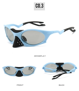 Lunettes de soleil de sport futuristes avec monture bleu clair vues de face et de dos