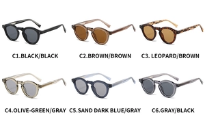 Detailed grid of vintage round sunglasses in six various frame and lens colors