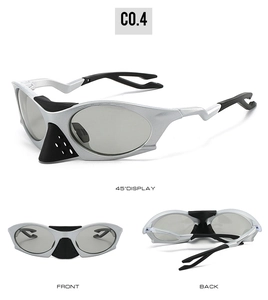 Lunettes de soleil sport argentées avec verres polarisés, vues à 45 degrés, avant et arrière