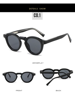 Detailed views of vintage round frame sunglasses with black acetate and metal rivets
