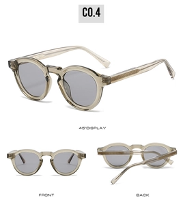 Three-view display showing front, back, and 45-degree angle of vintage round sunglasses