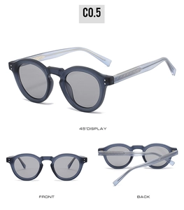 Detailed views of round vintage sunglasses with translucent blue frames and keyhole bridge