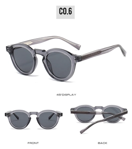 Detail view of retro translucent grey round sunglasses from front, back, and 45-degree angles