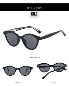 Détails de lunettes de soleil œil-de-chat montrant les vues avant, arrière et à 45 degrés