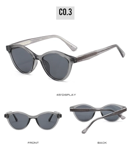 Lunettes de soleil œil-de-chat avec monture grise translucide et verres foncés, vue multi-angles