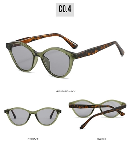 Lunettes de soleil œil-de-chat avec monture verte et branches écaillées sous plusieurs angles