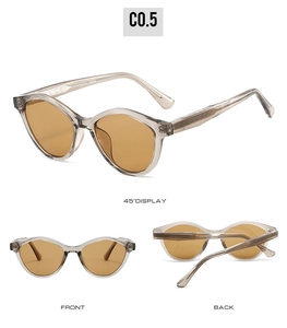 Vues détaillées de lunettes de soleil œil-de-chat avec monture translucide et verres ambrés