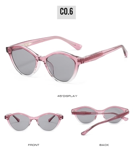 Vues détaillées des lunettes de soleil œil-de-chat rose dégradé avec verres gris