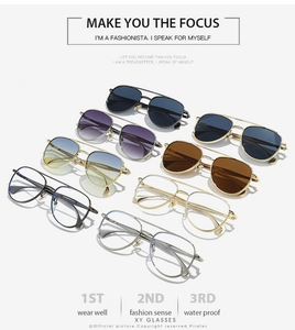Detailed view of eight aviator sunglasses featuring double-bridge metal frames and gradient lenses