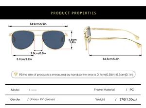 Detailed size chart for aviator sunglasses with frame measurements and weight details