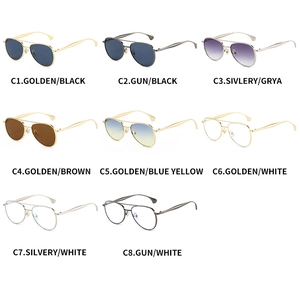 Collage of aviator sunglasses with metal frames in eight different color gradients and lenses
