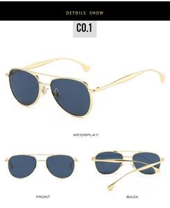 Detailed multi-angle views of blue lens aviator sunglasses with gold metal double bridge