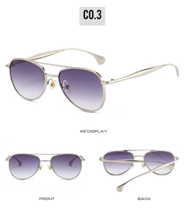 Detailed multi-angle view of gold metal aviator sunglasses with purple gradient lenses