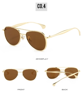 Three views of aviator sunglasses with gold metal frame and brown gradient lenses