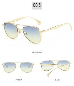Three views of gold aviator sunglasses with gradient blue-yellow lenses and metal frame
