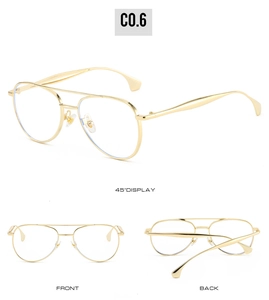 Three-angle views showing front, back, and side of golden double-bridge aviator frames