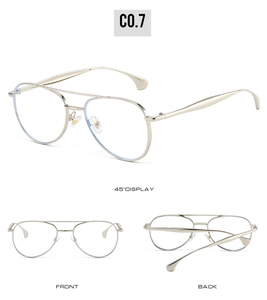 Three-angle views of silver metal aviator glasses with double bridge and blue light lens