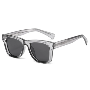 Square polarized sunglasses with transparent grey frame and textured metal core temples